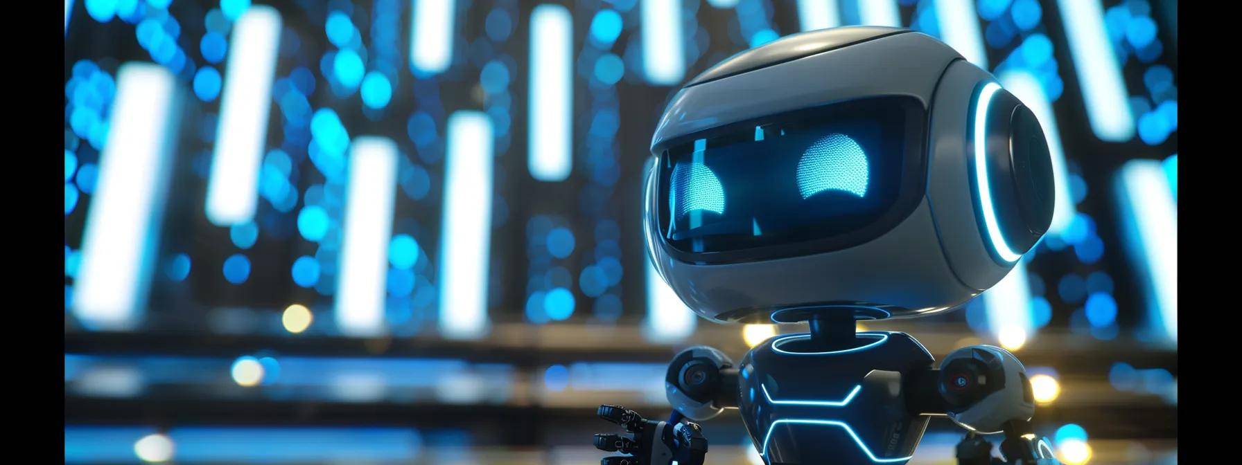 a futuristic robot with glowing eyes analyzing data on a digital screen, representing the power of ai marketing agents for revolutionizing marketing strategies.