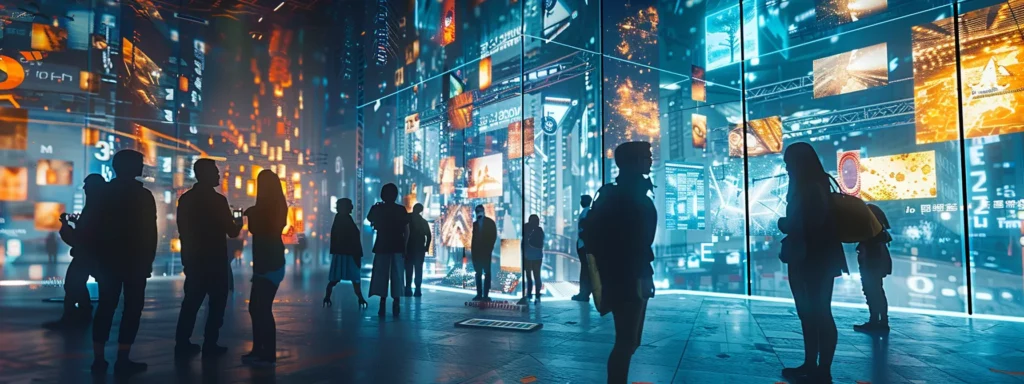 a dynamic scene depicting a futuristic ai interface seamlessly engaging with a diverse group of customers, highlighting advanced persuasion techniques through vibrant visuals and immersive technology.