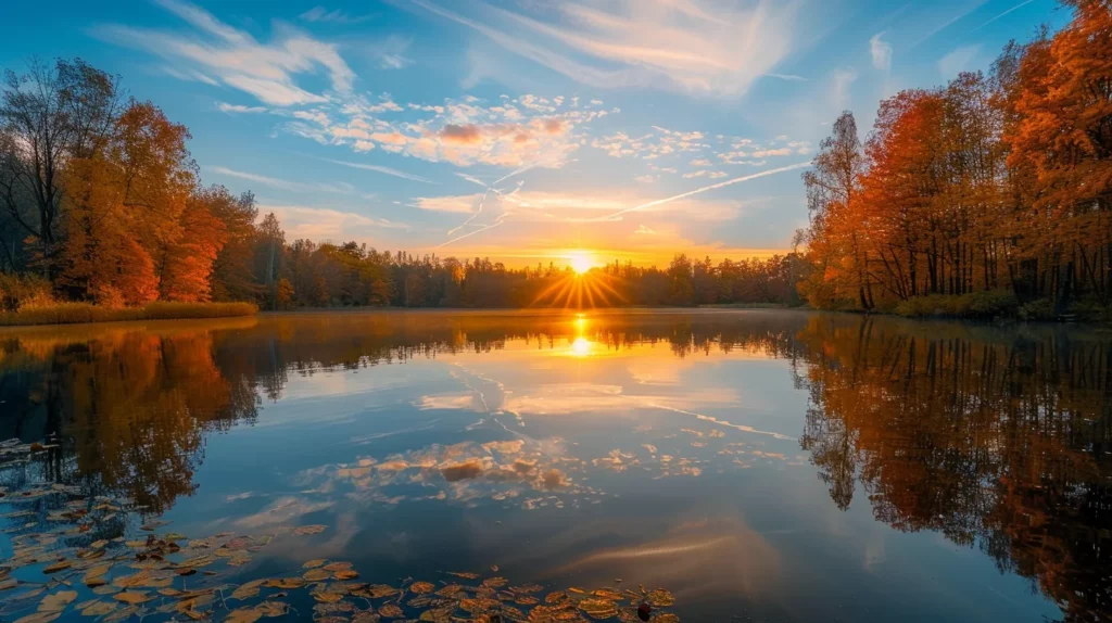 a breathtaking sunset casts a warm golden hue over a serene lake, where vibrant autumn trees reflect on the still water, creating a harmonious blend of nature's beauty.