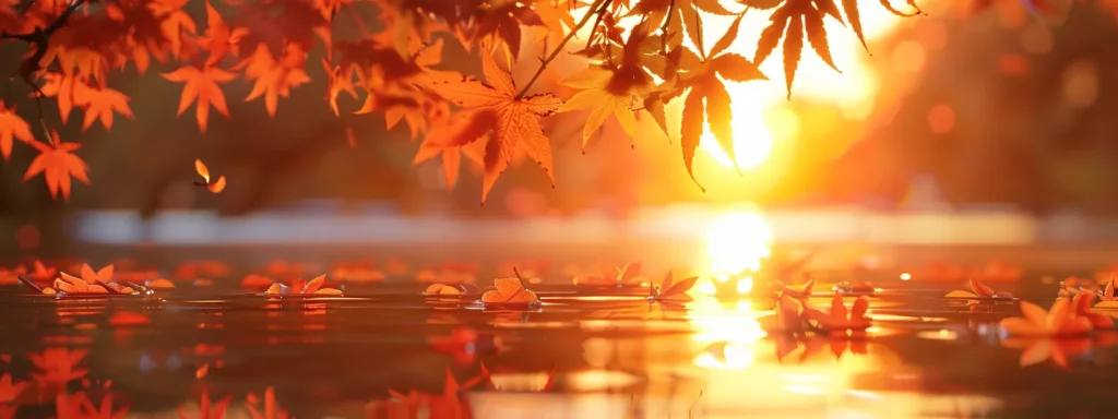 a breathtaking sunset casts a golden glow over a tranquil lake, where vibrant autumn leaves float peacefully on the surface, capturing the serene beauty of nature in perfect harmony.