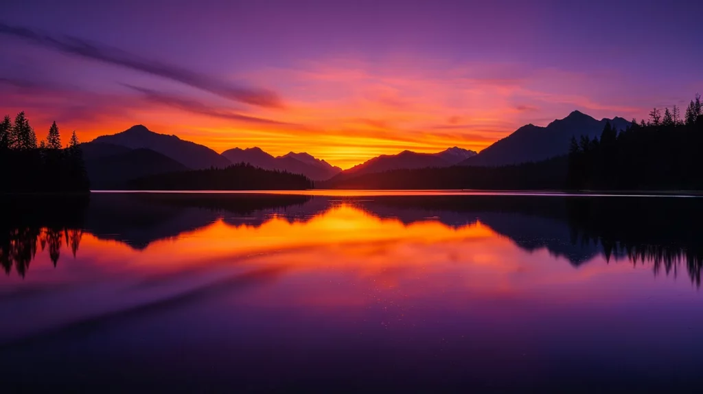 a breathtaking sunset casts vibrant hues of orange and purple across a tranquil lake, reflecting the majestic silhouette of distant mountains under a clear sky.