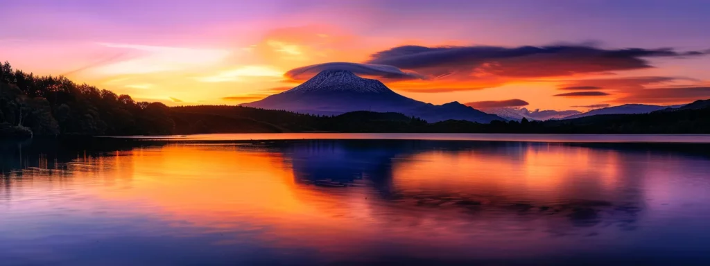 a breathtaking sunset casts vibrant hues of orange and purple over a tranquil lake, with a solitary silhouette of a majestic mountain rising dramatically in the background.