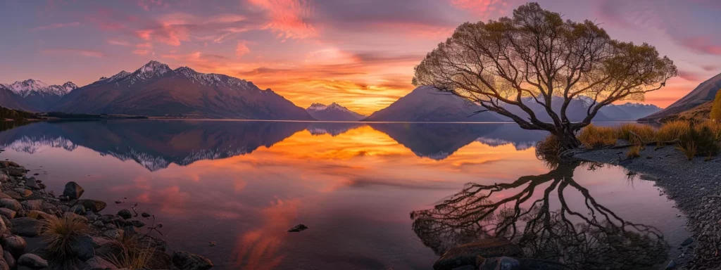 a breathtaking sunset casts vivid orange and purple hues across a serene lake, reflecting the majestic silhouette of distant mountains under a clear sky.