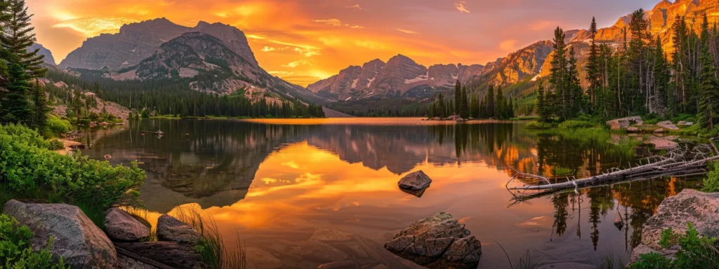 a majestic sunrise casts golden light over a tranquil lake, reflecting vibrant hues of orange and pink, while towering mountains loom in the distance, creating a breathtaking landscape.