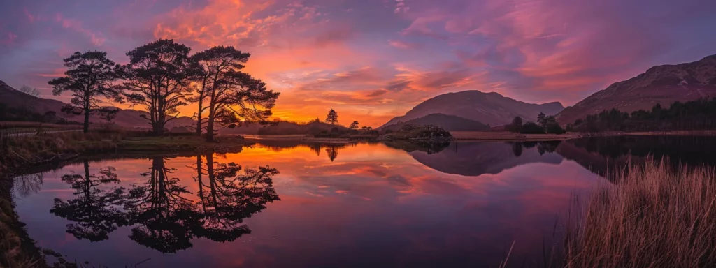 a majestic sunrise bathes a tranquil lake in golden hues, casting vibrant reflections on the glassy surface surrounded by dense, lush forests in the background.