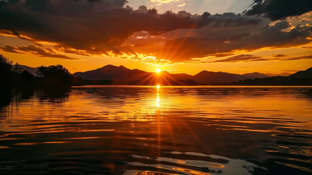 a vibrant sunset casts a warm golden glow over a tranquil lake, with silhouetted mountains framing the horizon and gentle ripples reflecting the fiery sky.