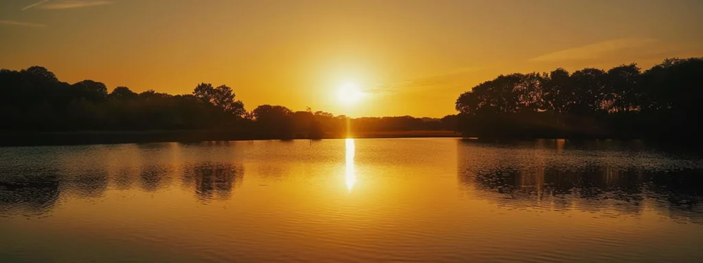 a vibrant sunset casts a warm golden glow over a tranquil lake, where silhouetted trees reflect seamlessly in the crystal-clear water, creating a serene and breathtaking ambiance.