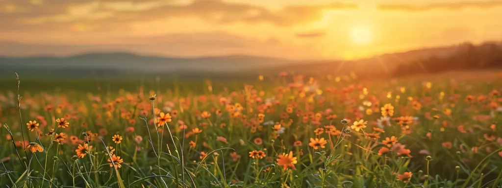 a vibrant sunset casts a warm golden glow over an expansive field of blooming wildflowers, their colors bursting against the soft, pastel sky, evoking a sense of peace and natural beauty.