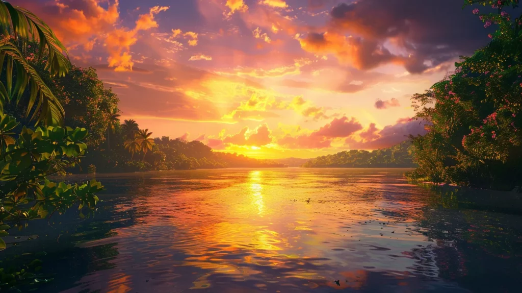 a vibrant sunset casts a golden glow over a tranquil lake, reflecting the fiery hues of the sky and surrounded by lush, verdant trees.