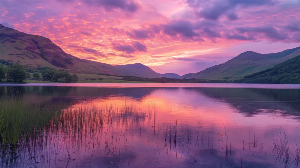 a vibrant sunset casts golden hues over a serene lake, reflecting the pink and purple sky, evoking a sense of tranquility and wonder.