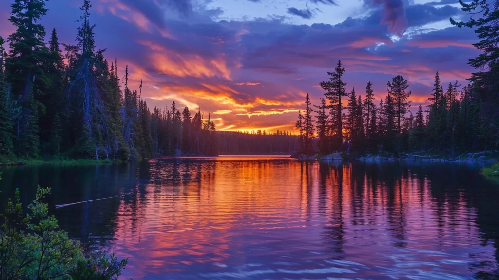 a vibrant sunset illuminates a tranquil lake, reflecting hues of orange and purple across the water's surface, framed by majestic, towering pine trees on the shore.