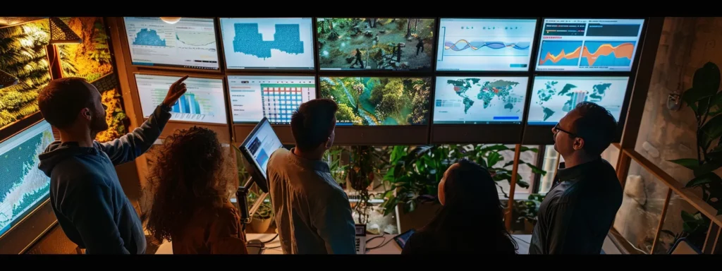 a dynamic office environment featuring a diverse team engaged in a strategic discussion around a sleek digital dashboard, vibrant with data analytics, illustrating the transformative power of ai strategy consulting for business innovation and growth.