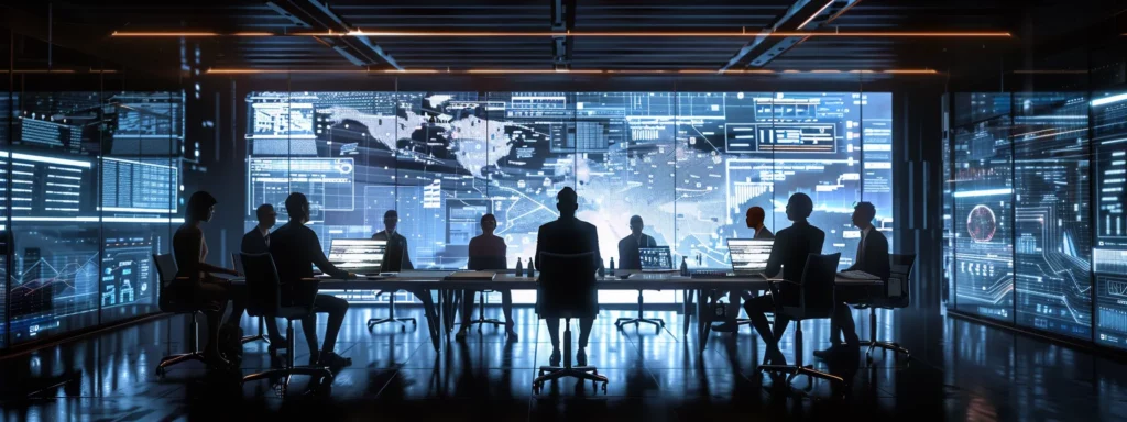 a sleek, modern office setting showcases a diverse team engaged in a collaborative meeting, surrounded by digital screens displaying data analytics and ai interfaces, emphasizing innovative strategies for enhancing customer experience.
