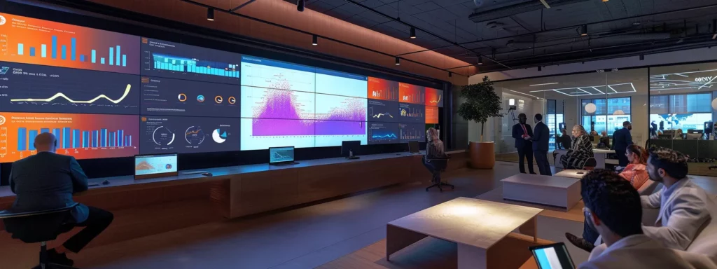 a sleek modern office space filled with diverse professionals engaged in collaborative discussions over digital devices, showcasing dynamic charts and graphs on large screens that illustrate ai-driven productivity improvements and business growth.