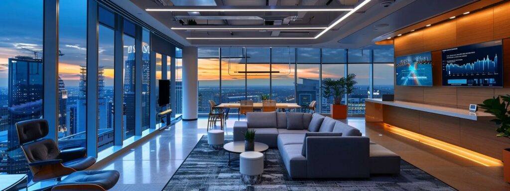 a dynamic, high-tech office space illuminated by sleek, modern lighting, featuring financial analysts collaborating with advanced ai-driven visual analytics on large screens displaying complex data insights and predictive models.