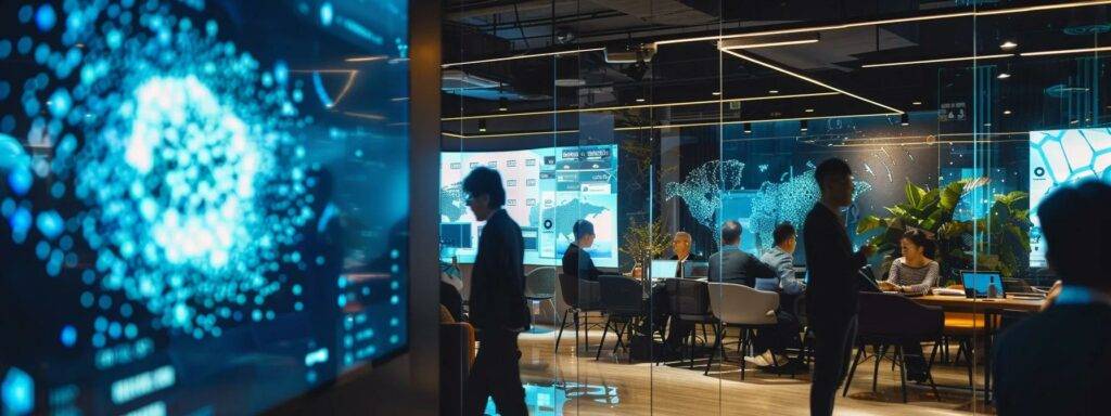 a futuristic office space bustling with professionals strategically discussing ai integration strategies around sleek digital displays, highlighting the transformative impact of agi on workforce dynamics and market assessments.