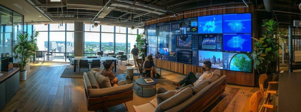 a high-tech office environment showcasing diverse professionals—financial analysts, software engineers, healthcare specialists, legal advisors, and marketing experts—collaborating intensely with ai-driven tools and digital displays, emphasizing the transformative impact of artificial intelligence across their respective fields.