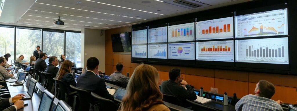 a modern conference room filled with engaged professionals analyzing complex data charts on digital screens, illustrating a dynamic discussion on ai-driven market segmentation and productivity gains for total addressable market (tam) calculations.