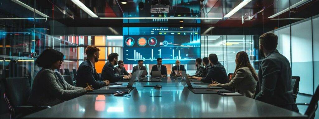 a sleek, modern conference room filled with professionals engaging in a dynamic discussion, illuminated by sharp overhead lights reflecting off a polished table, while vibrant digital charts and graphs display ai market trends on a high-tech screen.