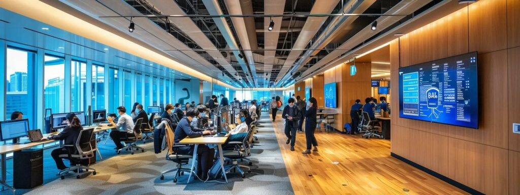 a sleek, modern office bustling with diverse professionals engaged in collaborative discussions, surrounded by advanced ai interfaces displaying data analytics, symbolizing the transformative landscape of work in the age of ai and agi.