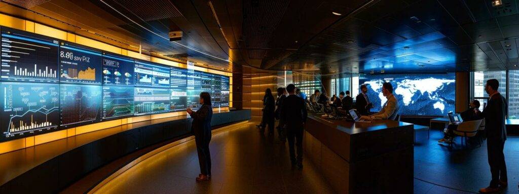 a sleek, modern office space with a diverse group of professionals collaborating around a digital display showcasing graphs and insights on ai's impact on the workforce, emphasizing the transformative power of technology in shaping the future of work.