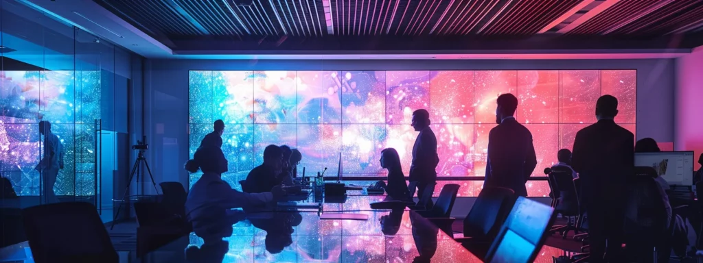 a sleek, modern office with executives engaged in a dynamic discussion around a large digital screen displaying analytics and generative ai models, illuminated by sharp, focused lighting that enhances the atmosphere of innovation and strategic thinking.