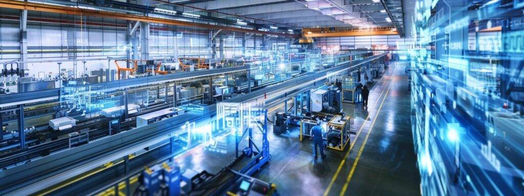 a high-tech manufacturing facility bustling with activity, featuring smart machinery and digital displays showing real-time data analytics, symbolizing the transformative impact of ai-powered predictive maintenance on operational efficiency.