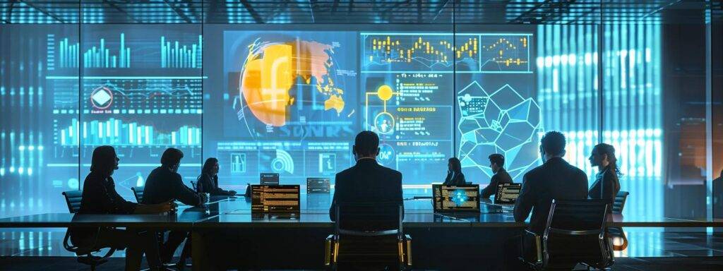 a modern office setting features a sleek conference table surrounded by professionals engaged in a dynamic discussion, with a digital projection displaying colorful charts and metrics detailing the roi of ai initiatives, symbolizing strategic planning and data-driven decision-making.