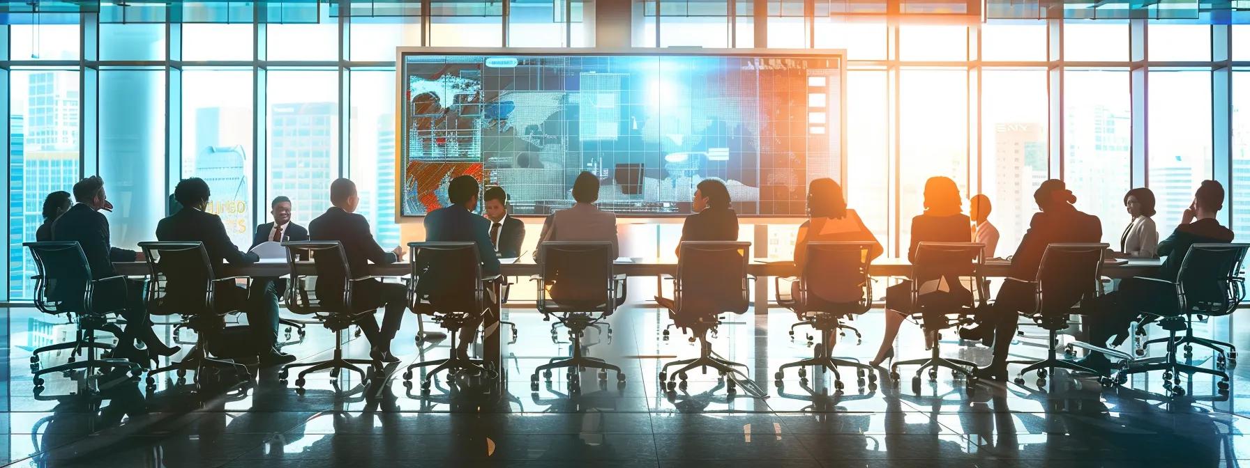 a sleek, modern conference room filled with diverse business professionals engaged in a spirited debate, visualizing an intricate ai opportunity blueprint on a high-tech screen, emphasizing strategic planning and innovation in the world of ai.