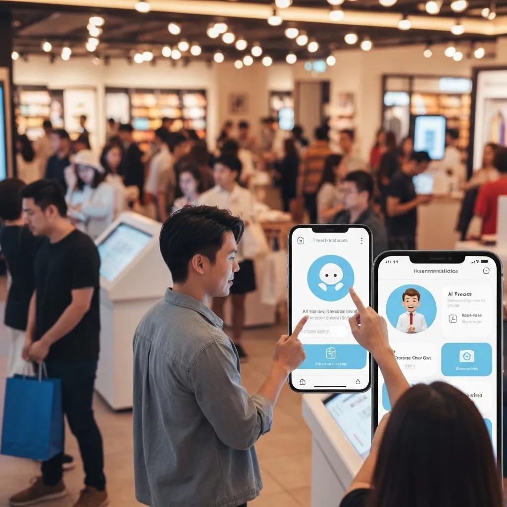 Customer engaging with a virtual assistant on a smartphone in a retail environment