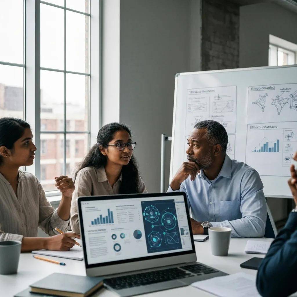 Professionals discussing ethical AI governance in a modern workspace