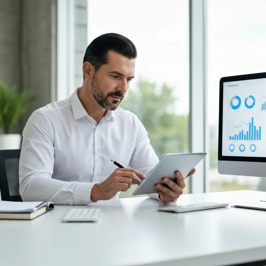 Business professional assessing AI readiness with digital tools