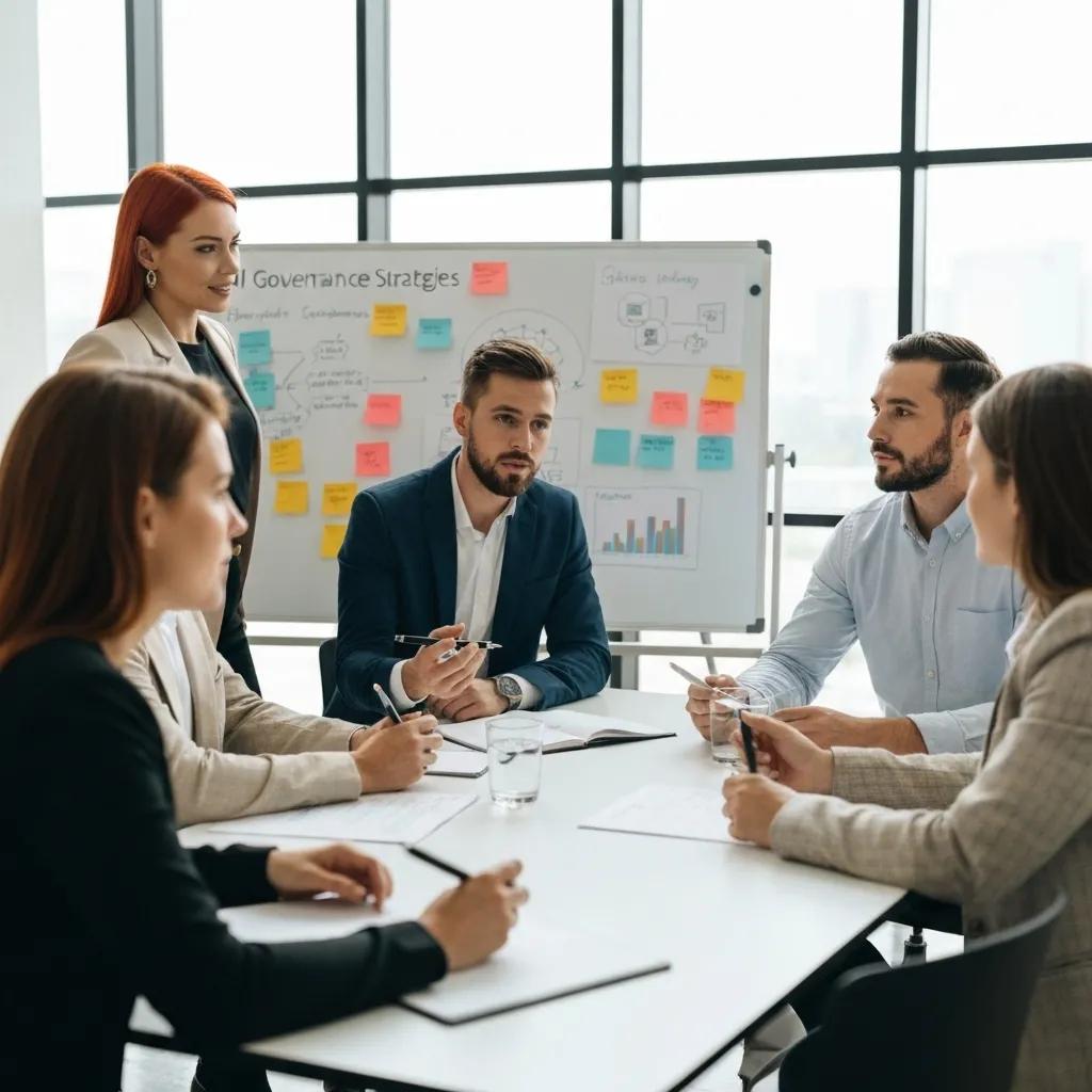 Team discussing AI governance strategies in a conference room