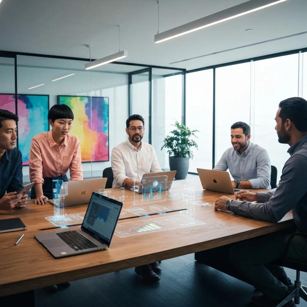 Diverse professionals collaborating on AI integration in a modern office
