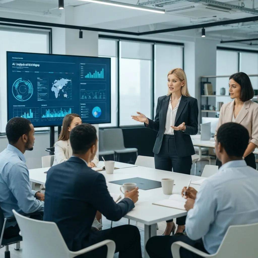 CEO presenting AI insights to a team, showcasing leadership in AI transformation