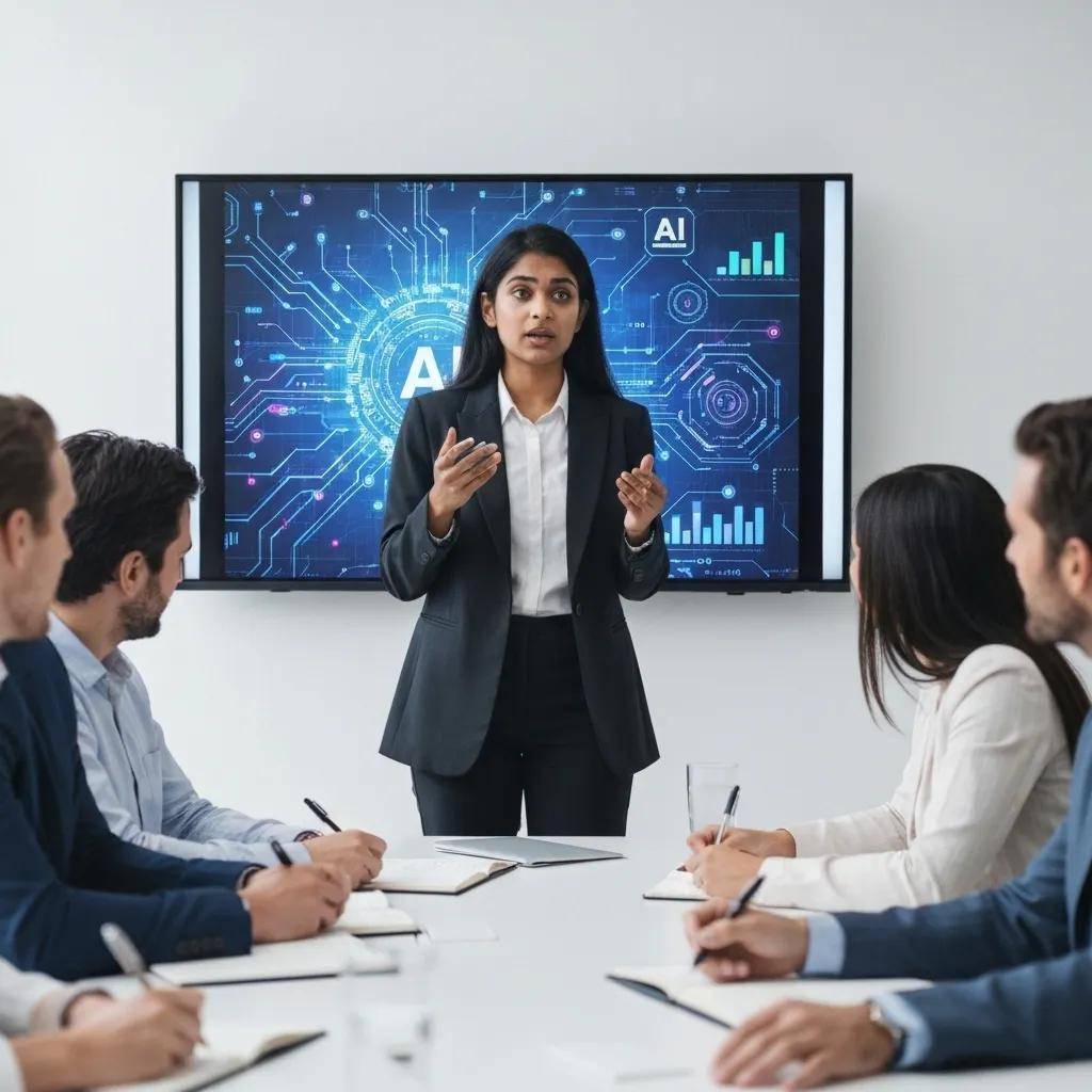 Business leader presenting AI adoption benefits to a team in a conference room