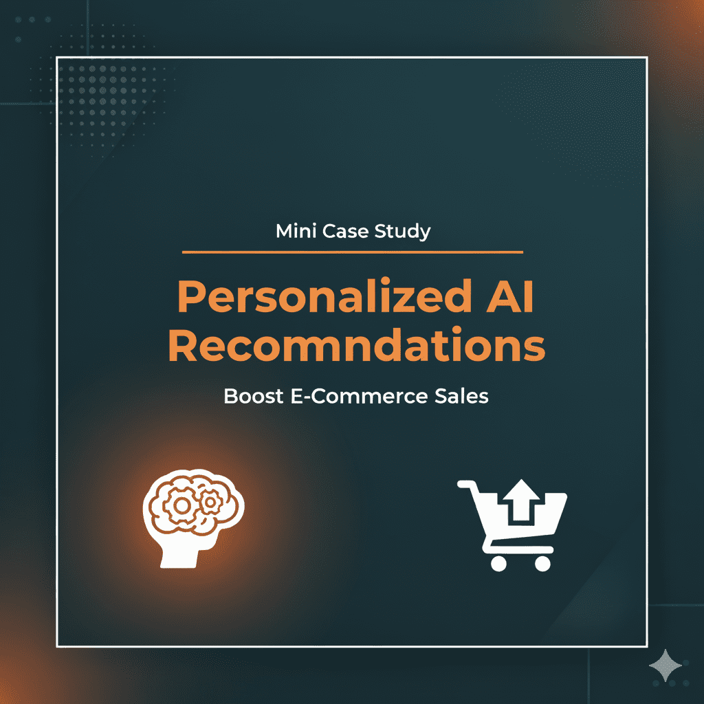 Mini case study on personalized AI recommendations for boosting e-commerce sales, featuring a brain with gears and a shopping cart icon.