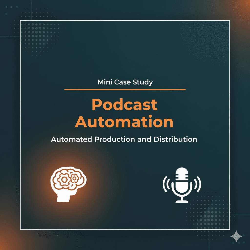 Mini case study on podcast automation featuring icons of a brain with gears and a microphone, emphasizing automated production and distribution.