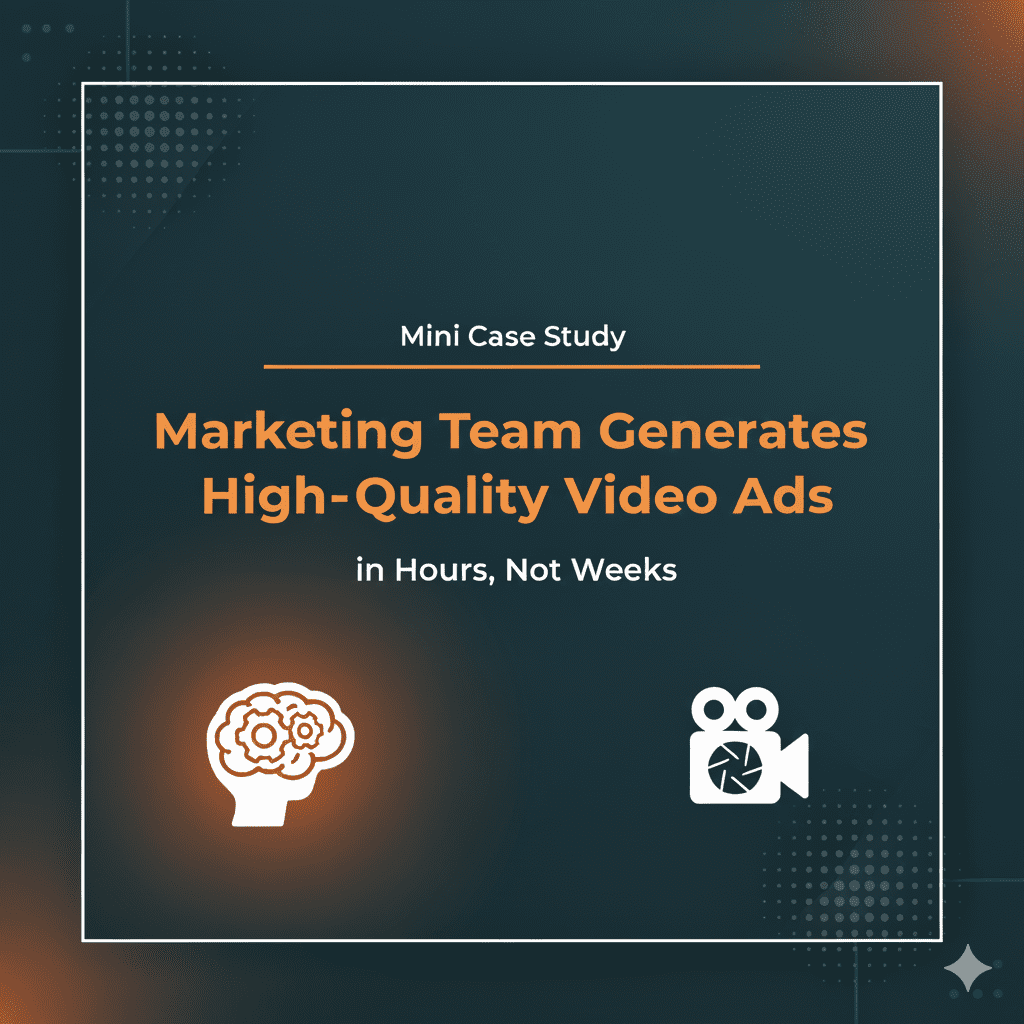 Mini case study showcasing marketing team's ability to generate high-quality video ads quickly, emphasizing AI-driven efficiency and productivity in advertising.