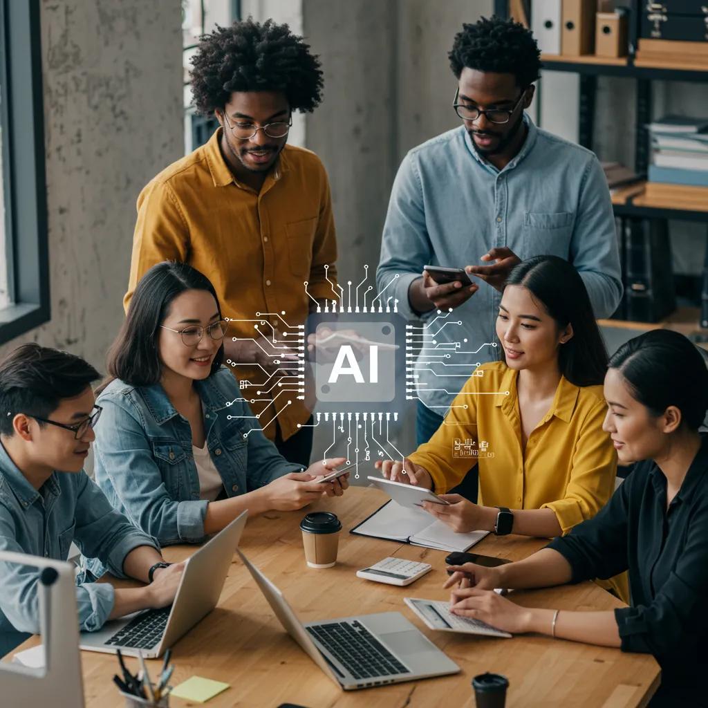Diverse small business team collaborating on AI strategies in a modern office
