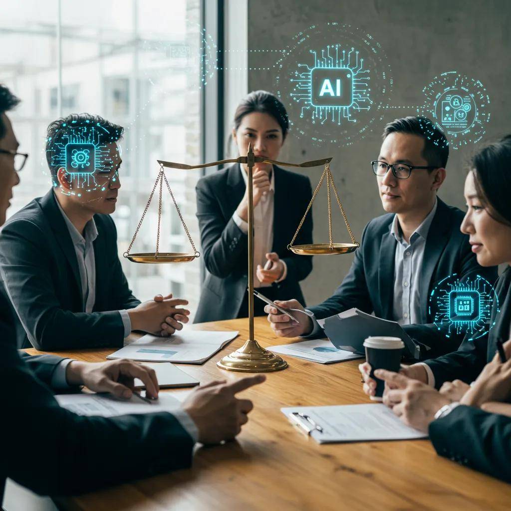 Illustration of ethical AI considerations with diverse people discussing around a table