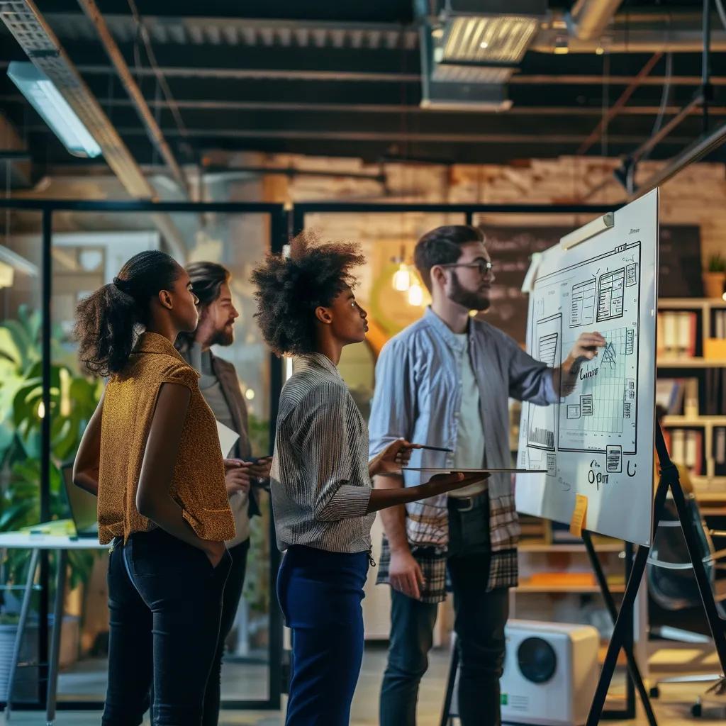 Team discussing ethical AI practices in a collaborative workspace