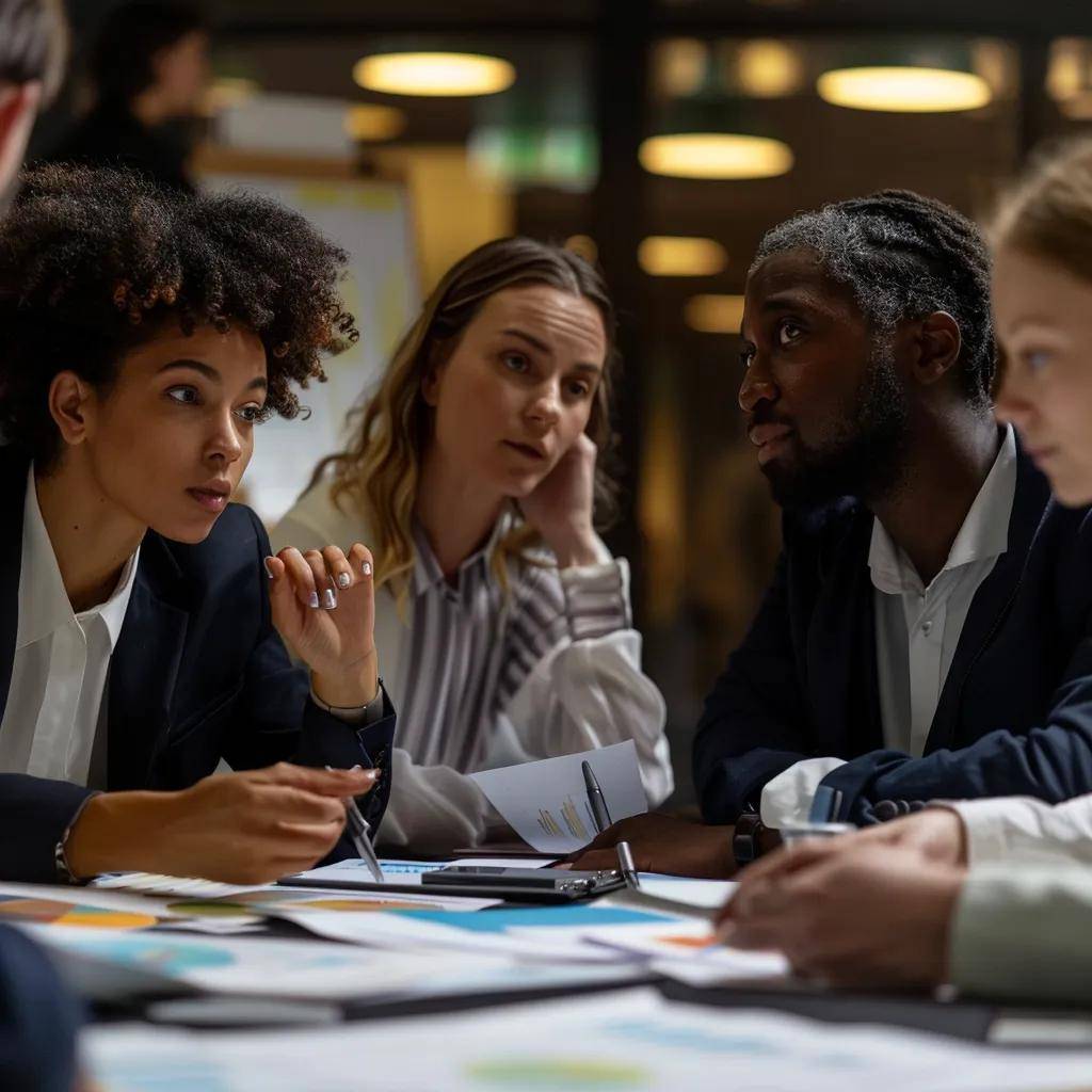 Professionals discussing ethical AI governance principles in a conference room