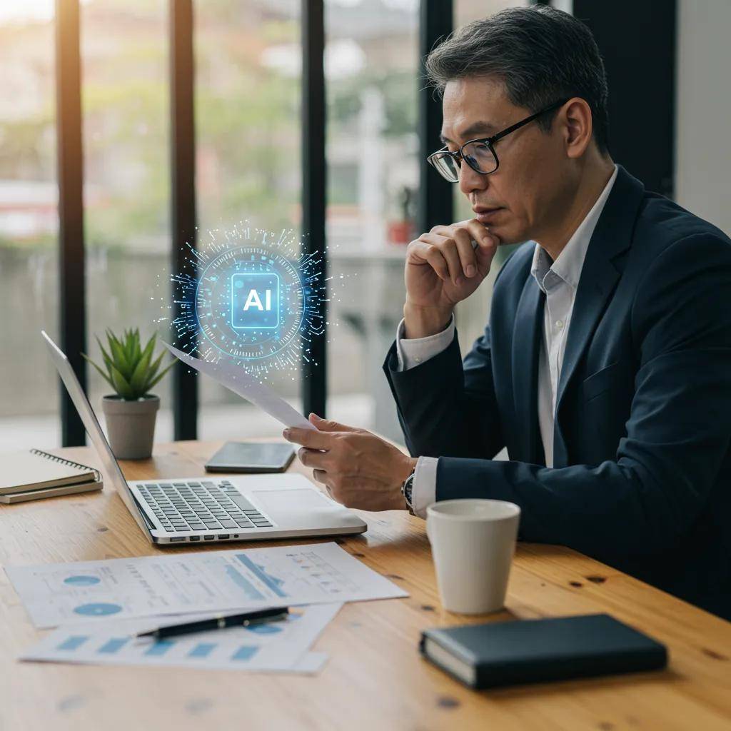 Business leader reviewing ethical AI guidelines in a cozy office setting