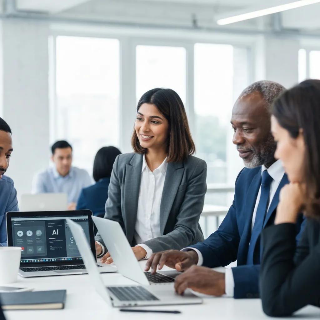 Business leaders collaborating on AI technology in a modern office