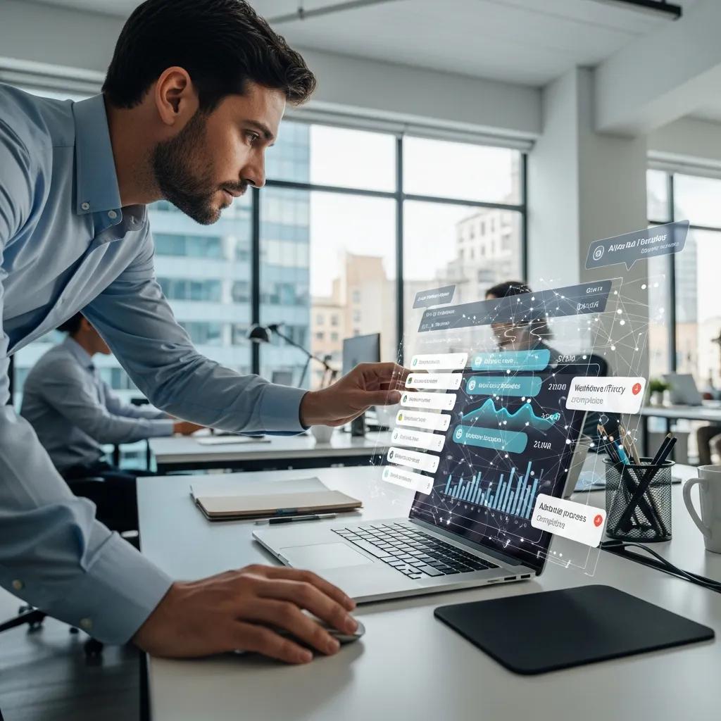 Business professional utilizing AI tools to enhance workflow efficiency in a modern workspace
