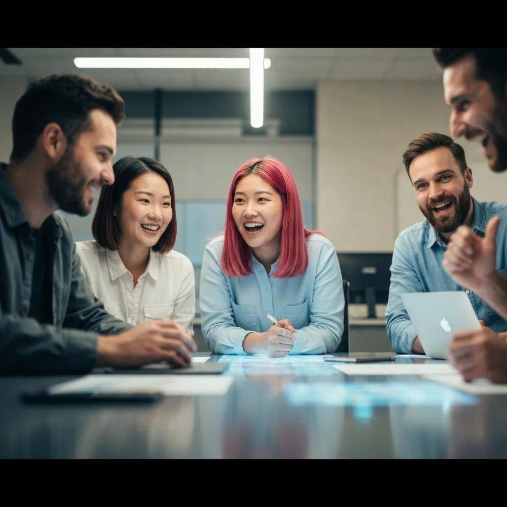 Business professionals collaborating with AI technology in a modern workspace