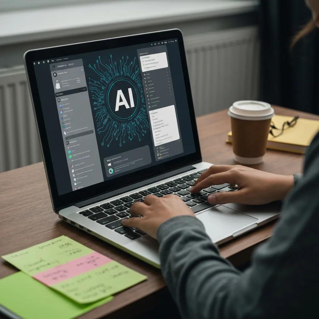 Close-up of a person engaging with AI software in a cozy work environment