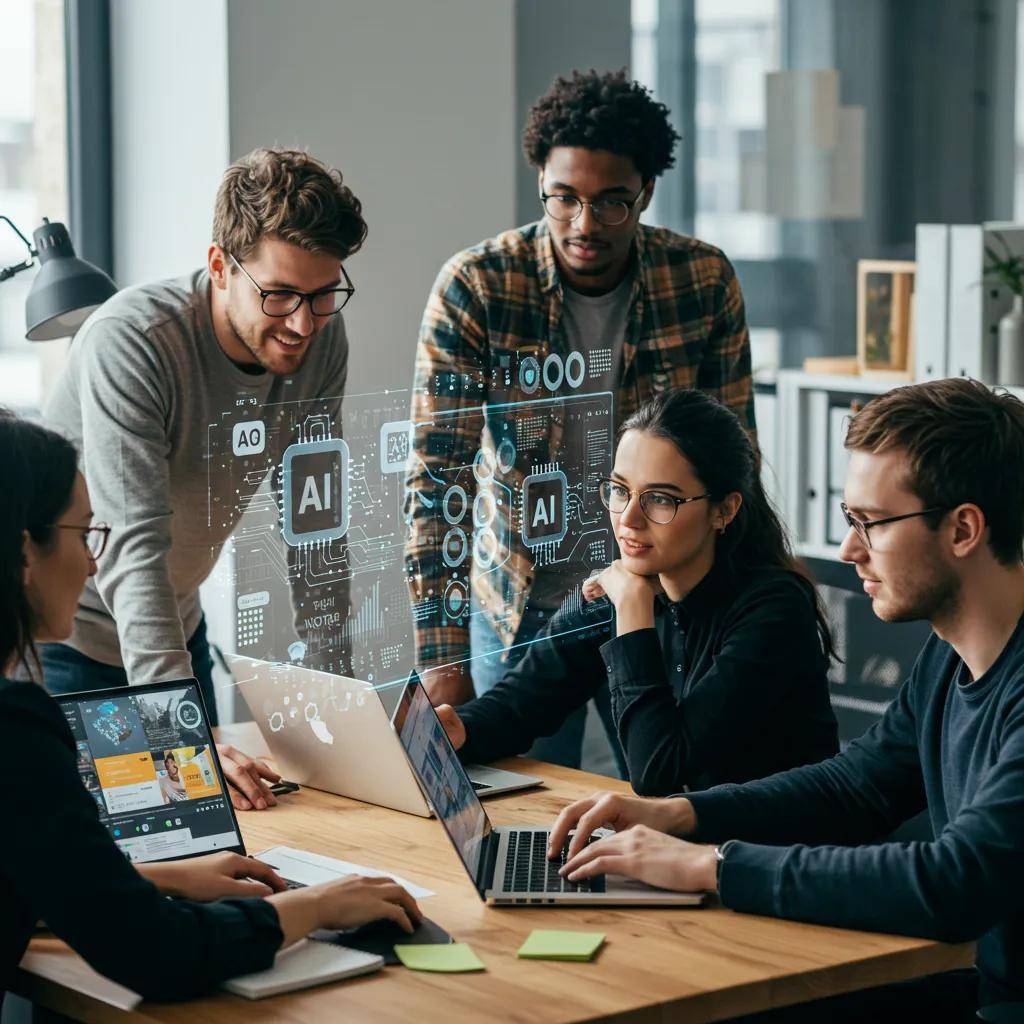 Diverse employees collaborating on AI tools in a modern office, showcasing teamwork and empowerment