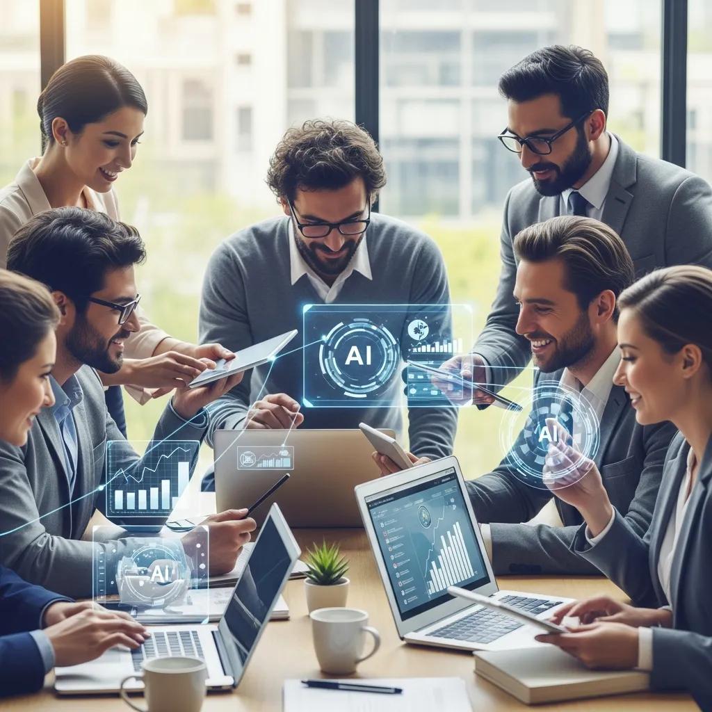 Diverse professionals collaborating in a modern office, illustrating AI integration in business